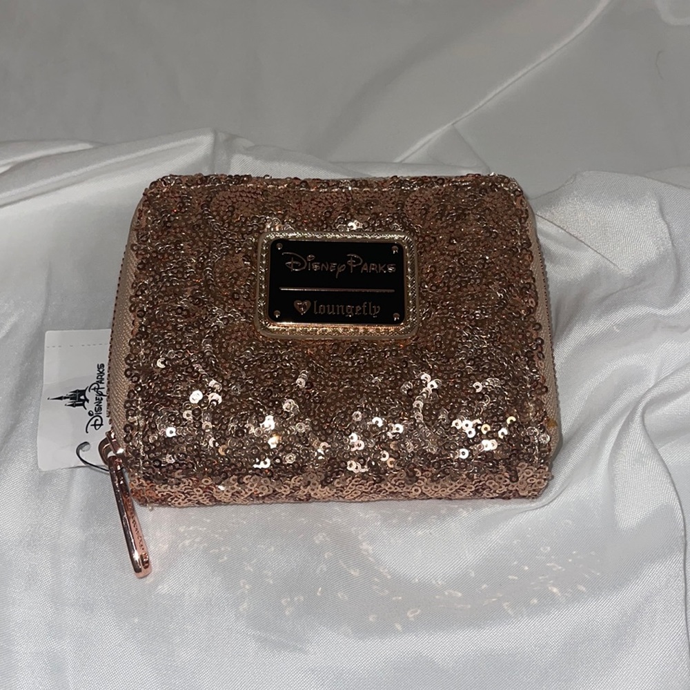 Disney Parks Loungefly Rose Gold Sequined Minnie Mouse Ear Bow Wallet Clutch